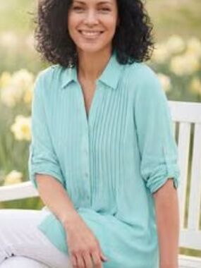 Women Within Aqua Pintuck Button-Down Shirt